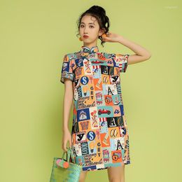 Ethnic Clothing Women Cheongsam Chinese Traditional Cute Cartoon Printed Dress Harajuku Style Girls Mini Vestidos Casual Clothes Qipao