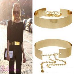 -2018 As novas mulheres da moda full ouro prateado espelho de metal cintura cinto placa de ouro metálica larga banda obi com chains224i