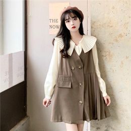 Work Dresses 2022 Spring Women White Shirt And Khaki Sundress Two Piece Set Pleated Collar Mini Length Dress Twinset Outfit Korean Clothes