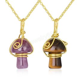 Wire Wrapped Mushroom Crystal Pendant Necklace for Women Trendy Natural Stone Amethysts Quartz Pendant Jewelry Gift