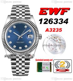 EWF Just 126334 A3235 Automatic Mens Watch 41 Fluted Bezel Blue Dial Diamonds Markers JubileeSteel Bracelet Super Edition Free Same Series Card Puretime F6