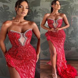 Arabic Aso Ebi Mermaid Red Prom Dresses Sequined Lace Evening Formal Party Second Reception Birthday Engagement Gowns Dress ZJ