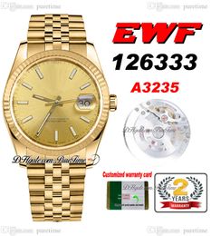 EWF Just 126333 A3235 Automatic Mens Watch 41 Fluted Bezel 18K Yellow Gold Champagne Stick Dial JubileeSteel Bracelet Super Edition Same Series Card Puretime A1