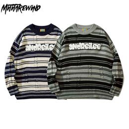 Men's Sweaters Japanese Retro Striped Sweater Men And Women Autumn Winter Letter Embroidery Couple Knitted Sweater Top Harajuku Pullover Men T220906