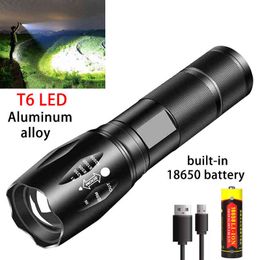 Powerful T6 Led Flashlight Super Bright Aluminium Alloy Portable Torch Usb Rechargeable Outdoor Camping Tactical Flash Light J220713