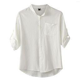 Men's Casual Shirts Male Turndown Collar Shirt Solid Half Sleeve Top Blouses Cotton Linen Button Fashion