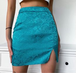 Skirts HGTE Split Side High Waist Slim Pencil Mini Skirt Women Casual Elegant Vintage Blue Summer Female