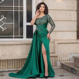 Beaded Mermaid Evening Dresses Long Sleeves Appliqued Prom Gowns One Shoulder Neckline Satin Side Split Sweep Train Formal Dress