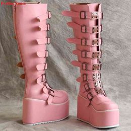 Womens Pink Mid Boots New Arrival Buckle 11cm Platform Solid Round Toe Fashion Queen Punk Shoes Large 220815