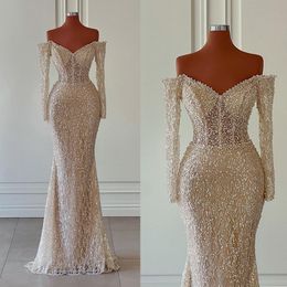 Evening Sparkling Mermaid Dresses Long Sleeves V Neck Appliques Sequins Shiny Sexy Lace Beaded Floor Length Satin Celebrity Plus Size Party Gowns Prom Dress