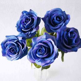 Faux Floral Greenery 10 pcsparty Red Blue Rose Flowers Latex Real Touch Rose Artificial Silk Flowers for Home Wedding Decoration Flower Craft J220906