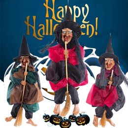 Party Decoration Halloween Hanging Witch Dolls Voice Control Prop Animated Ghost Scary Riding Broom Wall Hang Party Outdoor Home Decoration Toys 220908