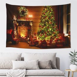 Tapestries Christmas Tapestry Tree And Fireplace Background Mounted Warm Family Wall Hanging Backdrop Home Room Decoration Gift 220908