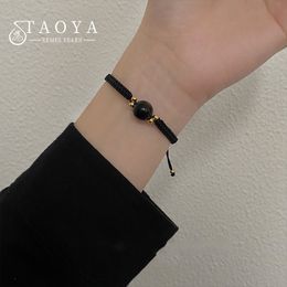 Gothic Style Black Cotton Rope Obsidian Charm Bracelet Pull Adjustable Hand Chain Versatile Accessories For Women Simple Gift