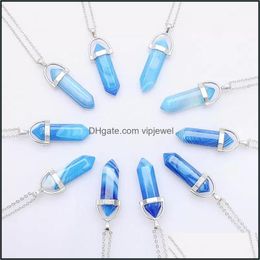 Pendant Necklaces Purple Blue Stripe Agate Stone Pillar Shape Charms Point Chakra Pendants Necklace For Women Men Wholes Dhseller2010 Dh2Gq