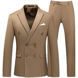 Men's Suits Double Breasted Tuxedo Suit Men Business Work Wedding Formal Sets Solid Jacket With Pant Slim Fit Korean Casual Clothing