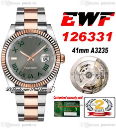 EWF Just 126331 A3235 Automatic Mens Watch 41 Fluted Bezel Two Tone Rose Gold Grey Dial Green Roman OysterSteel Bracelet Super Edition Same Series Card Puretime A1