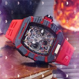 Quartz Imported Movement Watch 43mm Mens Rubber Strap Belt Clock Luminous Waterproof Multi-function Hollowed Out Design Sports Style Calendar Wristwatches