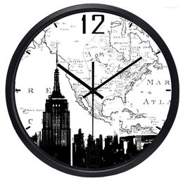 Wall Clocks Map York Empire State Building El Lobby Study Gift Clock Silent Retro Creative European Style Round