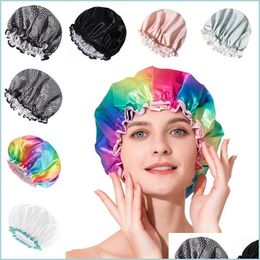 Bath Tools Accessories Rainbow Pattern Bonnet Night Sleep Hair Caps Double Layer Satin Wide-Brimmed Elastic Turban Hat Girl Boy Care Dhjve