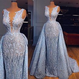 Blue Prom Dresses Princess V Neck Sleeveless Spaghetti Straps Appliques Sequins Evening Dresses Detachable Train Floor Length Party Gowns Plus Size Custom Made