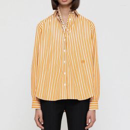 Women's Blouses 2022 Women Embroidered Letters Striped Blouse Long Sleeve Ladies Lapel Single Breasted Commuter Shirts And Tops