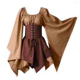 Vestidos casuais halloween feminino vestido de bruxa vestido medieval trajes retro gótico partido de manga longa de manga longa laço up up slim irregular