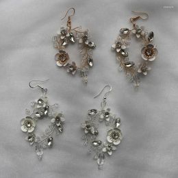 Dangle Earrings Fashion Hand Painted Flower Bridal Drop Earring Crystal Wedding Accessories Jewellery Handmade Gold Silver Colour Women