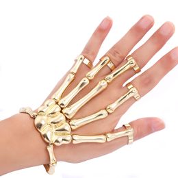 Halloween Punk Bracelet Metal Skeleton Bracelets Ghost Claw Linking Finger Bracelet Ring for Women Men Halloween Bangle Jewelry Gift 3 Color