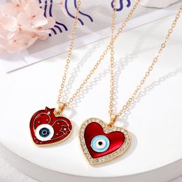 S3200 Red Peach Heart Enamel Evil Eye Necklace For Women Rhinestone Blue Eyes Love Pendant Necklaces