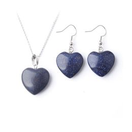 Natural Stone Necklace Jewellery Sets For Woman Blue Sand Heart Pendant Earrings Bridal Wedding Set O9495