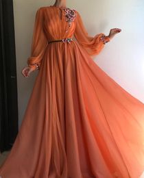 Party Dresses Orange Evening 2022 A-Line Chiffon Muslim Dubai Saudi Arabic Long Sleeves Gown Prom Dress For Graduation