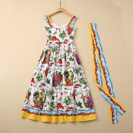 Casual Dresses European and American women's wear autumn 2022 new styles Condole belt sleeveless vegetable print Fashion cotton pleated dress