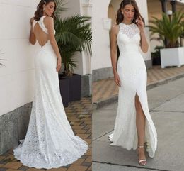 Lace Full Romantic Beach Mermaid Wedding Dress Jewel Neck Side Split Sweep Train Satin Bohemian Bridal Gown Custom Made