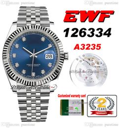 EWF Just 126334 A3235 Automatic Mens Watch 41mm Fluted Bezel Blue Dial Diamonds Markers JubileeSteel Bracelet Super Edition Free Same Series Card Puretime B2