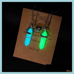 Pendant Necklaces 2Pcs/Set Luminous Hexagonal Column Heart Couple Magnetic Pendant Necklace Natural Stone Geometric Pendants Necklace Dhtd1