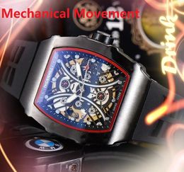 Popular mens skeleton dial watch stopwatch 43mm self winding automatic mechanical movement pilot rubber belt Trend Waterproof Business wristwatch Montre De Luxe