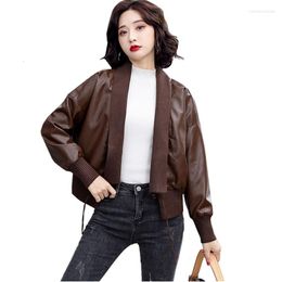 Women's Leather 2022 Spring Autumn Women Fashion Black Faux Jacket Streetwear Short Loose V-neck Biker Coat Female Casual Outwear Tops