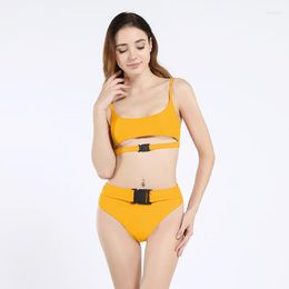 Bikinis Set 2022 Sexy Yellow High Waisted Biquini Bandage Buckle Swim Bathing Suit Swimsuit Swimwear Women Brazilian Bikini Drop