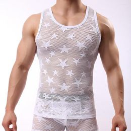 Undershirts Men Underwear Stretchy Round Neck Five-pointed Star Hollow Out Sheer Top For Bathroom Undershirt