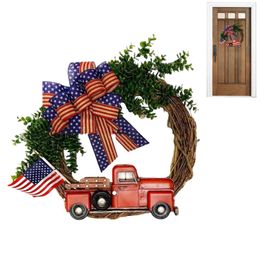 Decorative Flowers Patriotic Wreath For Front Door 4th Of July Independence Day Outdoor Decorations Round Garland With Burlap Bows Car Flag