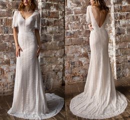 Unique Full Lace Mermaid Wedding Dress Sweep Train Deep V Neck Short Sleeve Open Back Bridal Gowns Custom Made