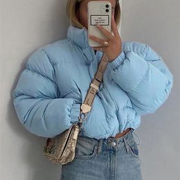 レディースダウンオレンジェアの女性短いパフジャケットコットンパッド濃厚なドローストリングパーカージッパーウィンターバブルコートウォームカジュアルストリート衣装220909
