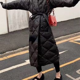 Women's Down Parkas Winter Black Long Coat Cotton Padded Jacket Korean Casual Loose Street Style Belt Oversize 220909