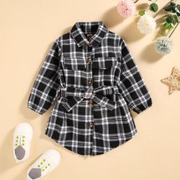 Girl Dresses 0-4T Cute Children Girls Chequered Casual Long-Sleeved Dress With Belt Single-Breasted Lapel Straight