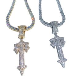 pendant shapes UK - Chains Iced Out Cz Cross Sword Pendant Fit Cuban Chain Necklace For Men Boy T Shape Letter Charm Hip Hop JewelryChains245H