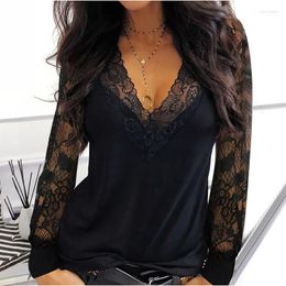 Women's Blouses 40#Fashion Womens Shirts Casual Sexy Lace Mesh Stitching V-neck Long Sleeve 2022 Top For Women Pullover Elegant Blusas1