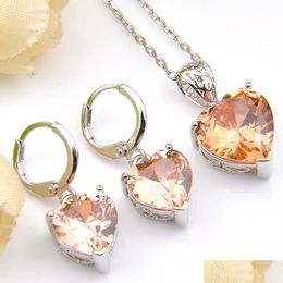 Earrings Necklace 6 Sets Heart Pendant Earring Jewelry Set 925 Sier Necklace Exquisite Vintage Crystal Stone For Lady Party Gift Dro Dhbrp