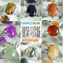 Solitaire Ring 100 Pieces Box Mix Crystal Rings Bk Wholesale Stone Healing Jewelry For Women Tiger Eye Moss Agate Rose Quartz Aventur Dhp0N