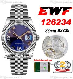 EWF Just 126234 A3235 Automatic Unisex Watch Mens Ladies 36mm Fluted Bezel Blue Roman Diamond Dial JubileeSteel Bracelet Super Edition Same Series Card Puretime A1